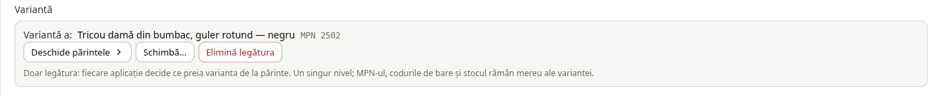 Secțiunea Variantă după legare