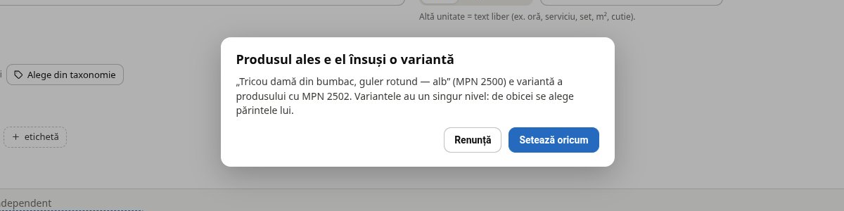 Avertismentul pentru o variantă aleasă ca părinte