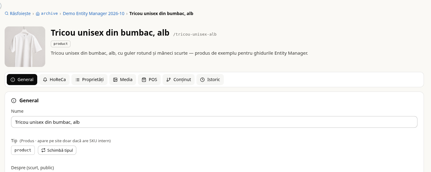 Produsul de exemplu deschis pe fila General