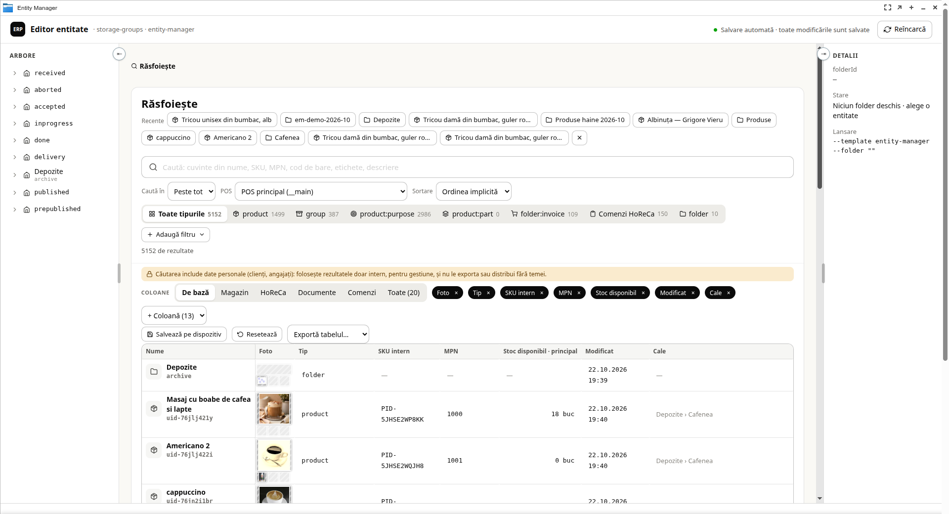 Entity Manager mărit, pe pagina Răsfoiește, cu butonul Adaugă filtru sub tipuri