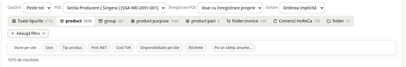 Lista „Adaugă filtru” pentru produse