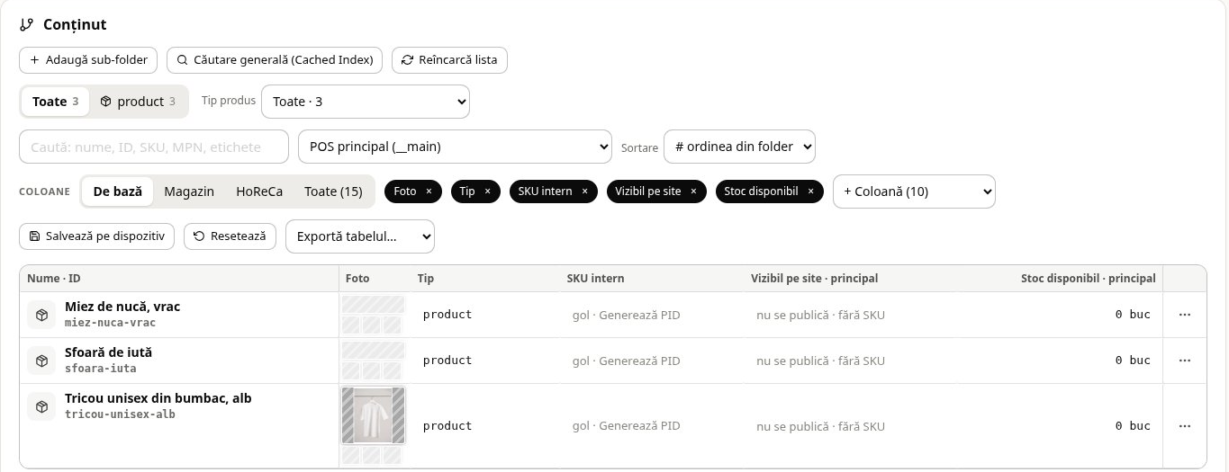 Fila Conținut a folderului demo: produsele fără SKU intern, stocul în buc