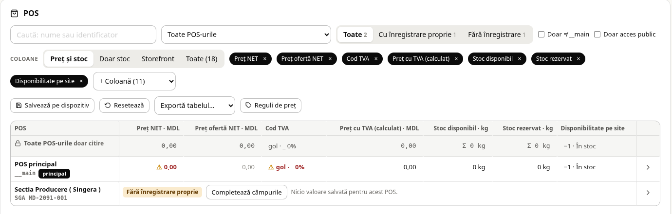 Fila POS: coloanele de stoc în kg