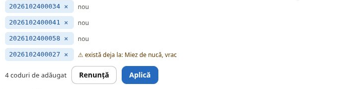 Codurile lipite, în așteptare, cu „4 coduri de adăugat”