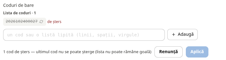 Ultimul cod al unui produs: Aplică rămâne inactiv