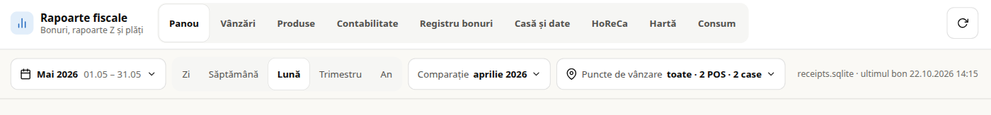 Secțiunile aplicației și bara de filtre